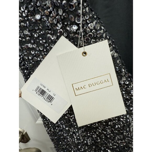 NWT Mac Duggal Size 12 Gray Sequined Cap Sleeve Wrap Over Cocktail Midi Dress - Picture 11 of 13